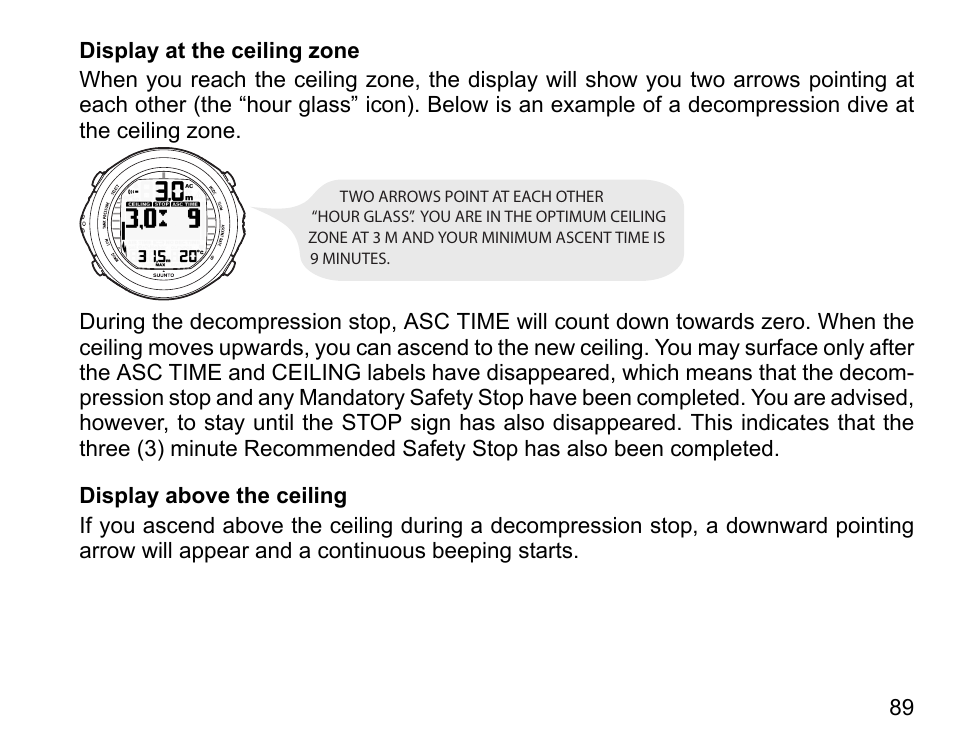 Display at the ceiling zone, Display above the ceiling | SUUNTO DX User Manual | Page 88 / 134