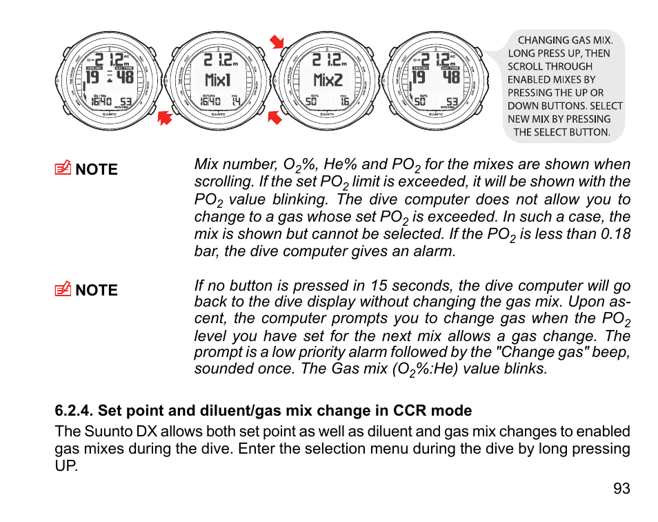 Set point and diluent/gas mix change in ccr mode | SUUNTO DX User Manual | Page 92 / 134