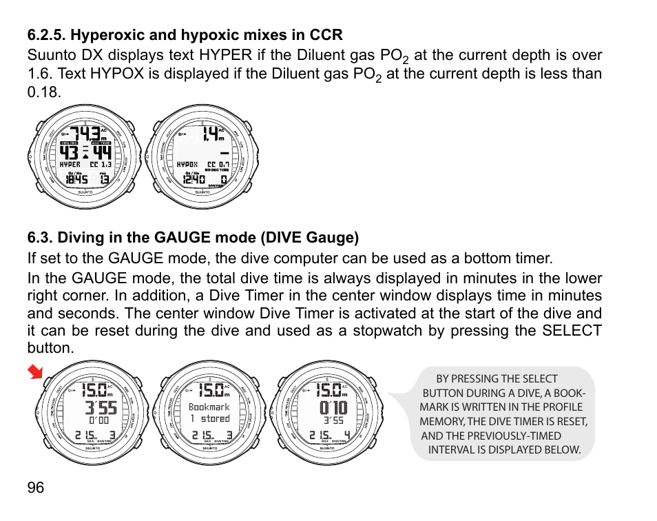 Hyperoxic and hypoxic mixes in ccr, Diving in the gauge mode (dive gauge) | SUUNTO DX User Manual | Page 95 / 134