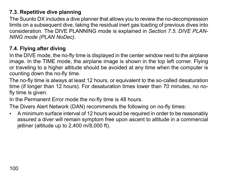 Repetitive dive planning, Flying after diving, 100 7.4. flying after diving | SUUNTO DX User Manual | Page 99 / 134