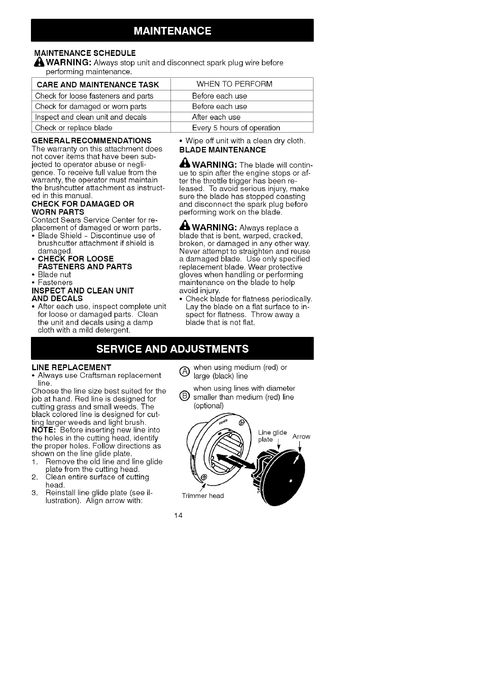 Maintenance, Service and adjustments | Craftsman 358.792443 User Manual | Page 14 / 31