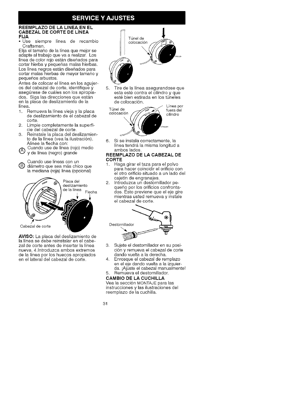 Service y ajustes | Craftsman 358.792443 User Manual | Page 30 / 31