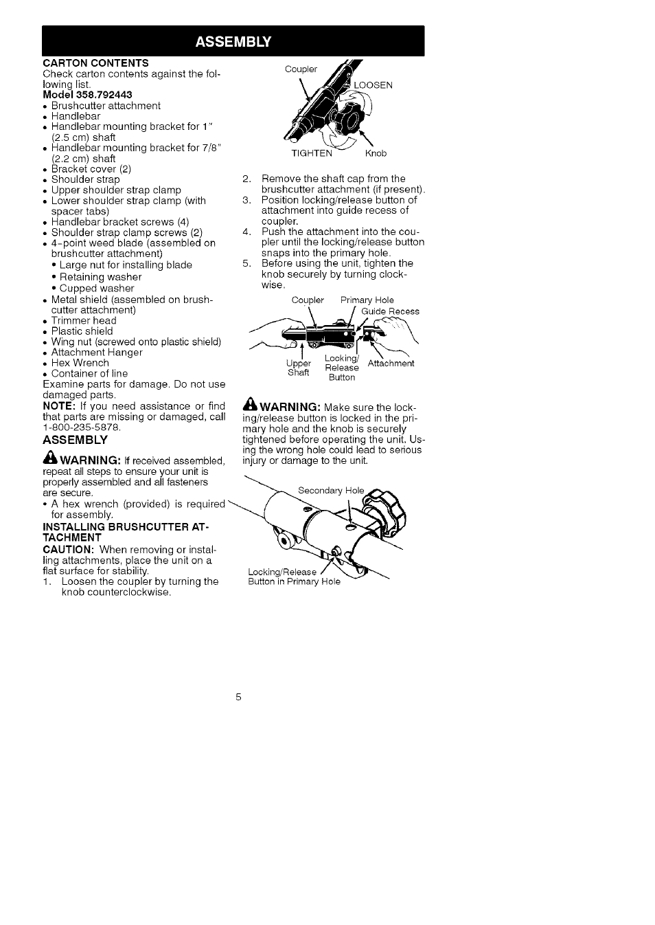 Assembly, Assembly ^warning, A warning | Craftsman 358.792443 User Manual | Page 5 / 31