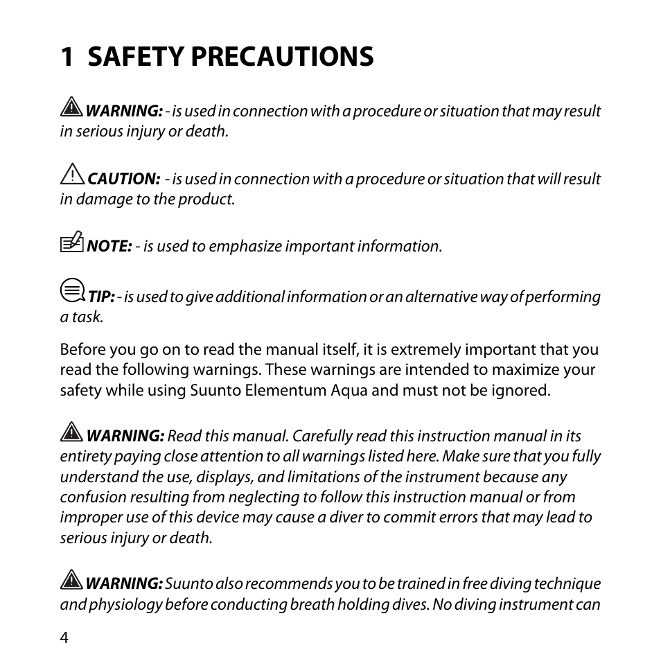 1 safety precautions | SUUNTO Elementum Aqua User Manual | Page 10 / 29