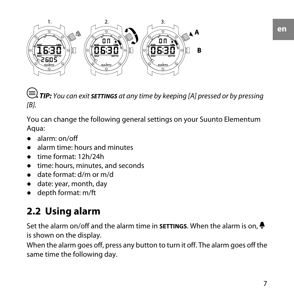 2 using alarm | SUUNTO Elementum Aqua User Manual | Page 13 / 29