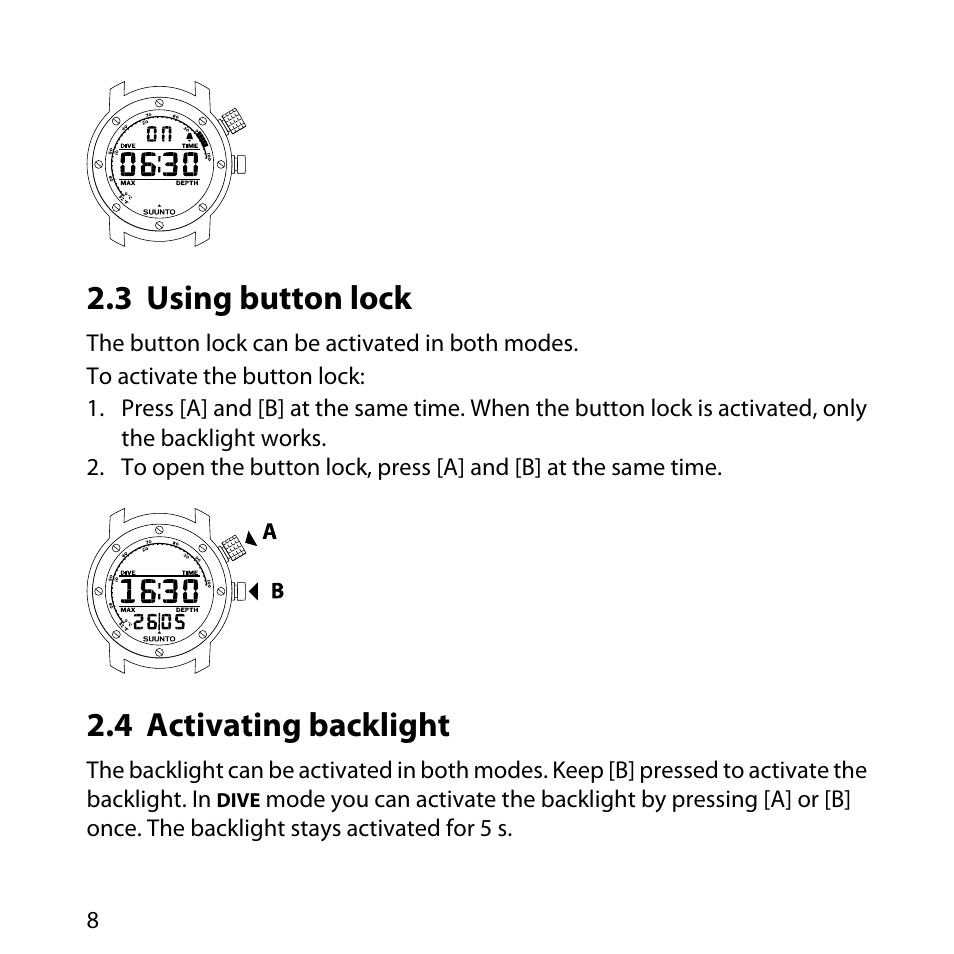 3 using button lock, 4 activating backlight, 8 2.4 activating backlight | SUUNTO Elementum Aqua User Manual | Page 14 / 29