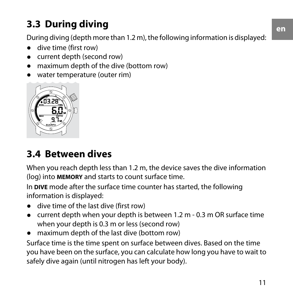 3 during diving, 4 between dives, 11 3.4 between dives | SUUNTO Elementum Aqua User Manual | Page 17 / 29