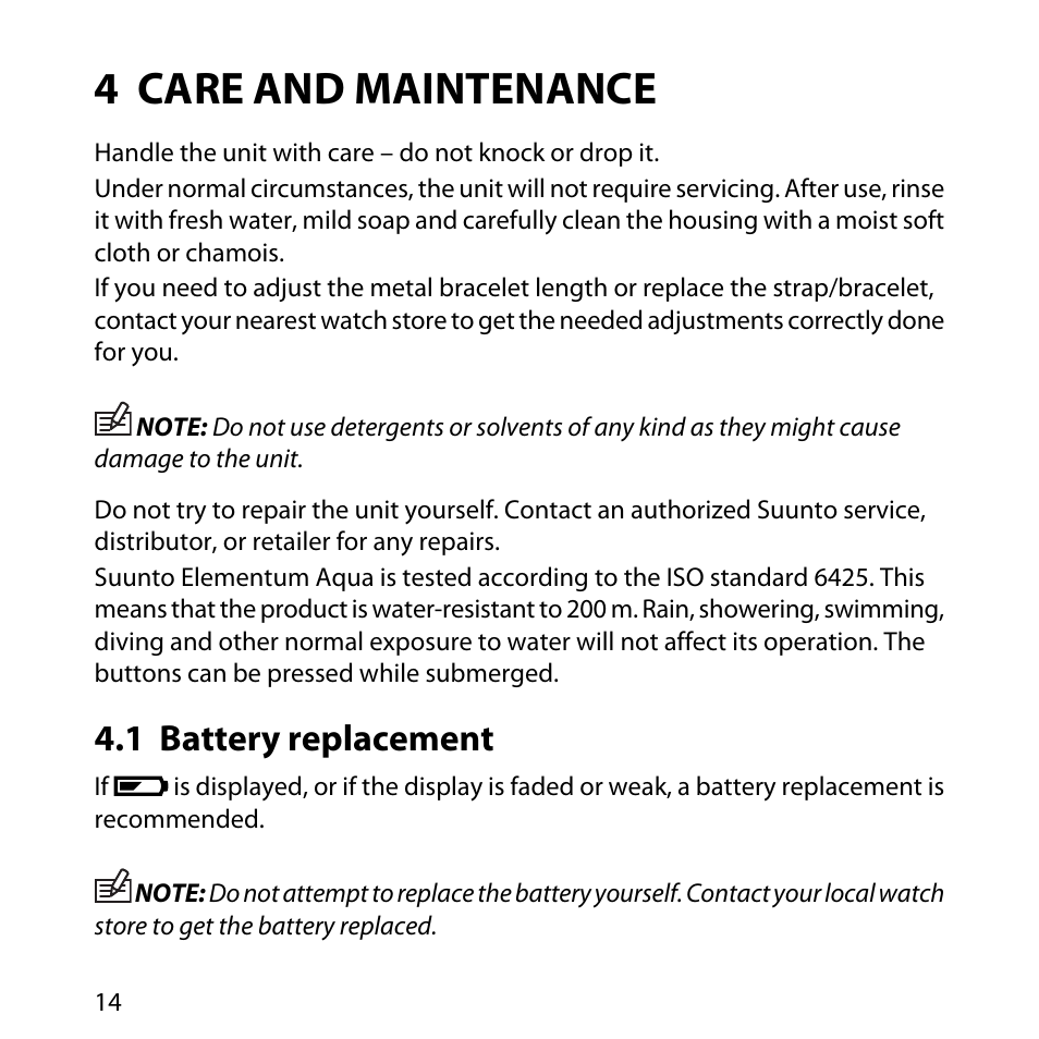 4 care and maintenance, 1 battery replacement | SUUNTO Elementum Aqua User Manual | Page 20 / 29