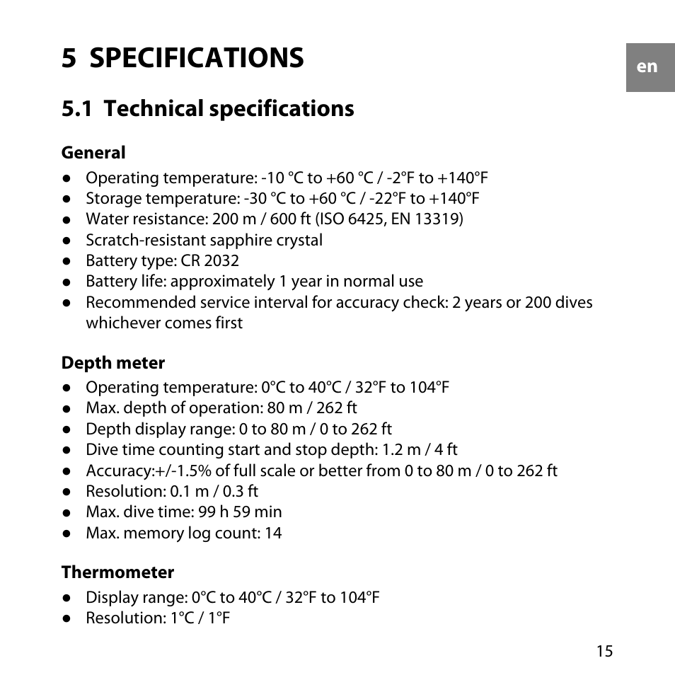 5 specifications, 1 technical specifications | SUUNTO Elementum Aqua User Manual | Page 21 / 29