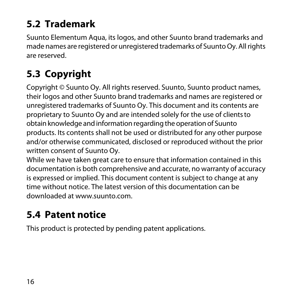 2 trademark, 3 copyright, 4 patent notice | 16 5.3 copyright, 16 5.4 patent notice | SUUNTO Elementum Aqua User Manual | Page 22 / 29