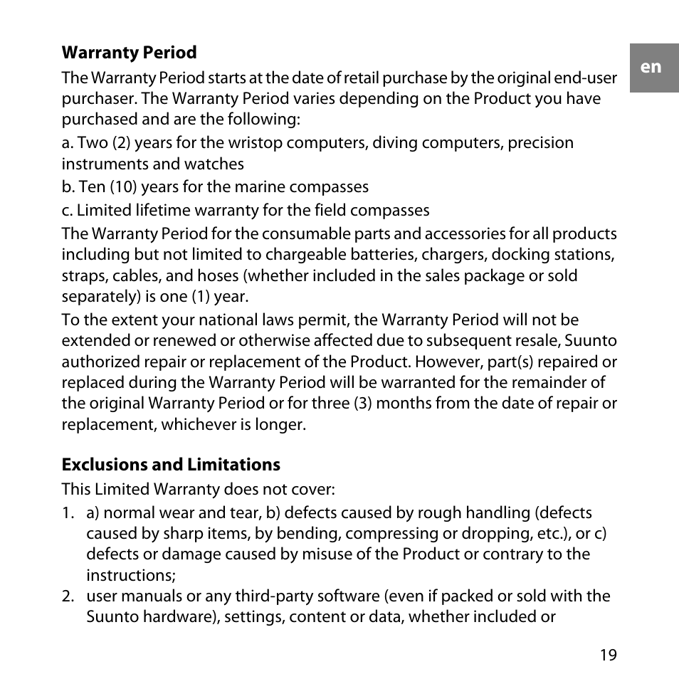 Warranty period, 19 exclusions and limitations | SUUNTO Elementum Aqua User Manual | Page 25 / 29