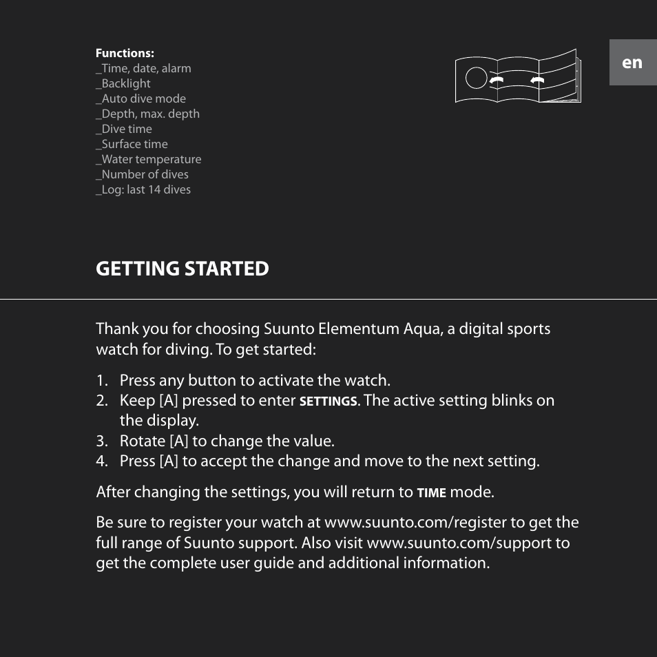 Getting started | SUUNTO Elementum Aqua User Manual | Page 5 / 29