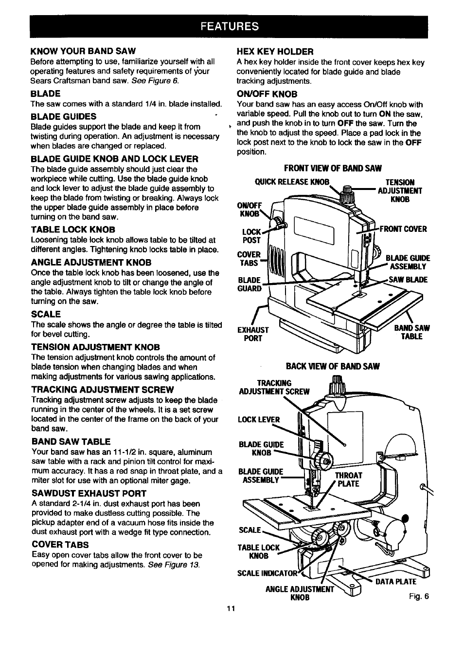 Features, Know your band saw, Blade | Blade guides, Blade guide knob and lock lever, Table lock knob, Angle adjustment knob, Scale, Tension adjustment knob, Tracking adjustment screw | Craftsman 315.214500 User Manual | Page 11 / 34