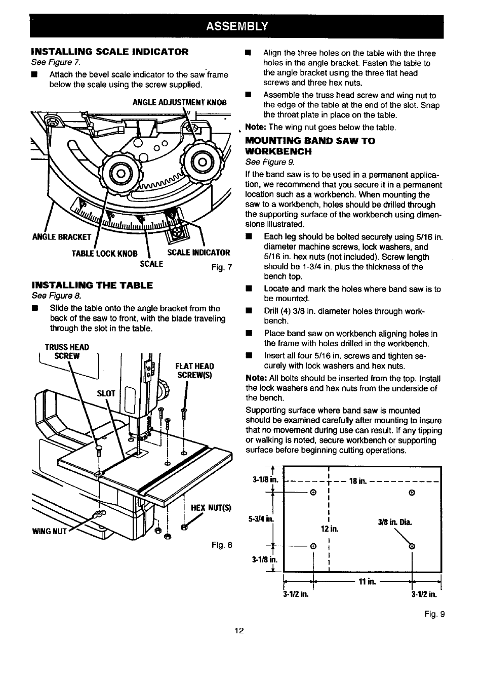 Installing scale indicator, Installing the table, Mounting band saw to workbench | Assembly | Craftsman 315.214500 User Manual | Page 12 / 34