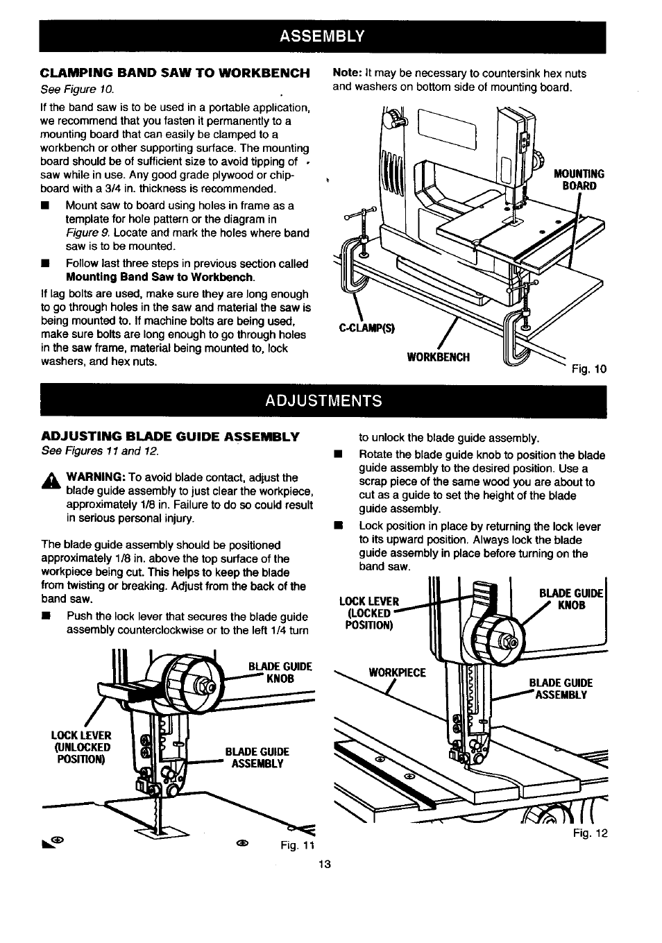 Clamping band saw to workbench, Adjustments, Adjusting blade guide assembly | Assembly, Adjustments adjusting blade guide assembly | Craftsman 315.214500 User Manual | Page 13 / 34