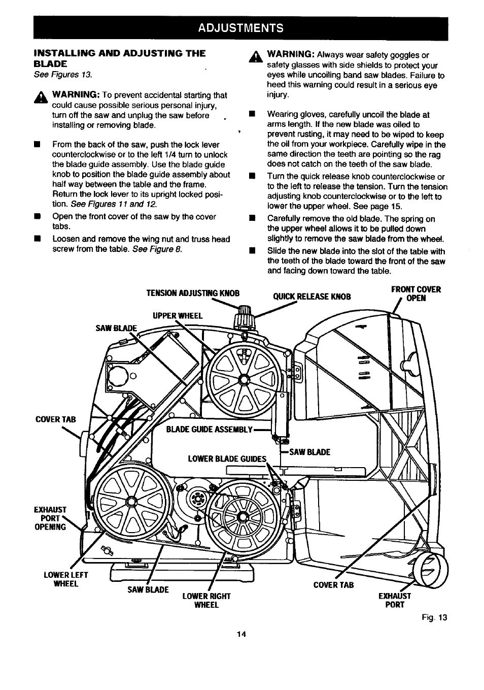 Installing and adjusting the, Blade, Adjustments | Installing and adjusting the blade | Craftsman 315.214500 User Manual | Page 14 / 34