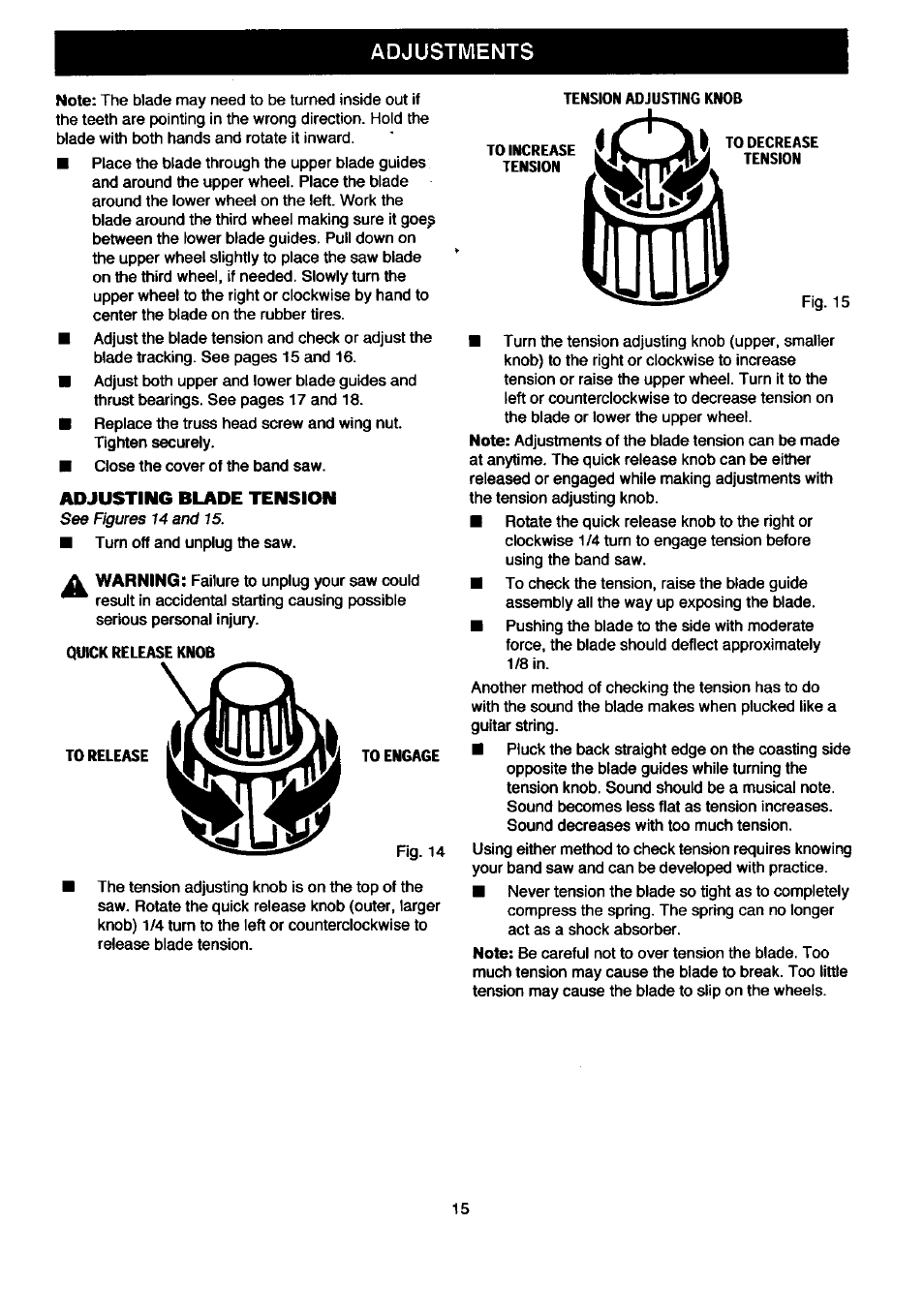 Adjusting blade tension, Adjustments | Craftsman 315.214500 User Manual | Page 15 / 34