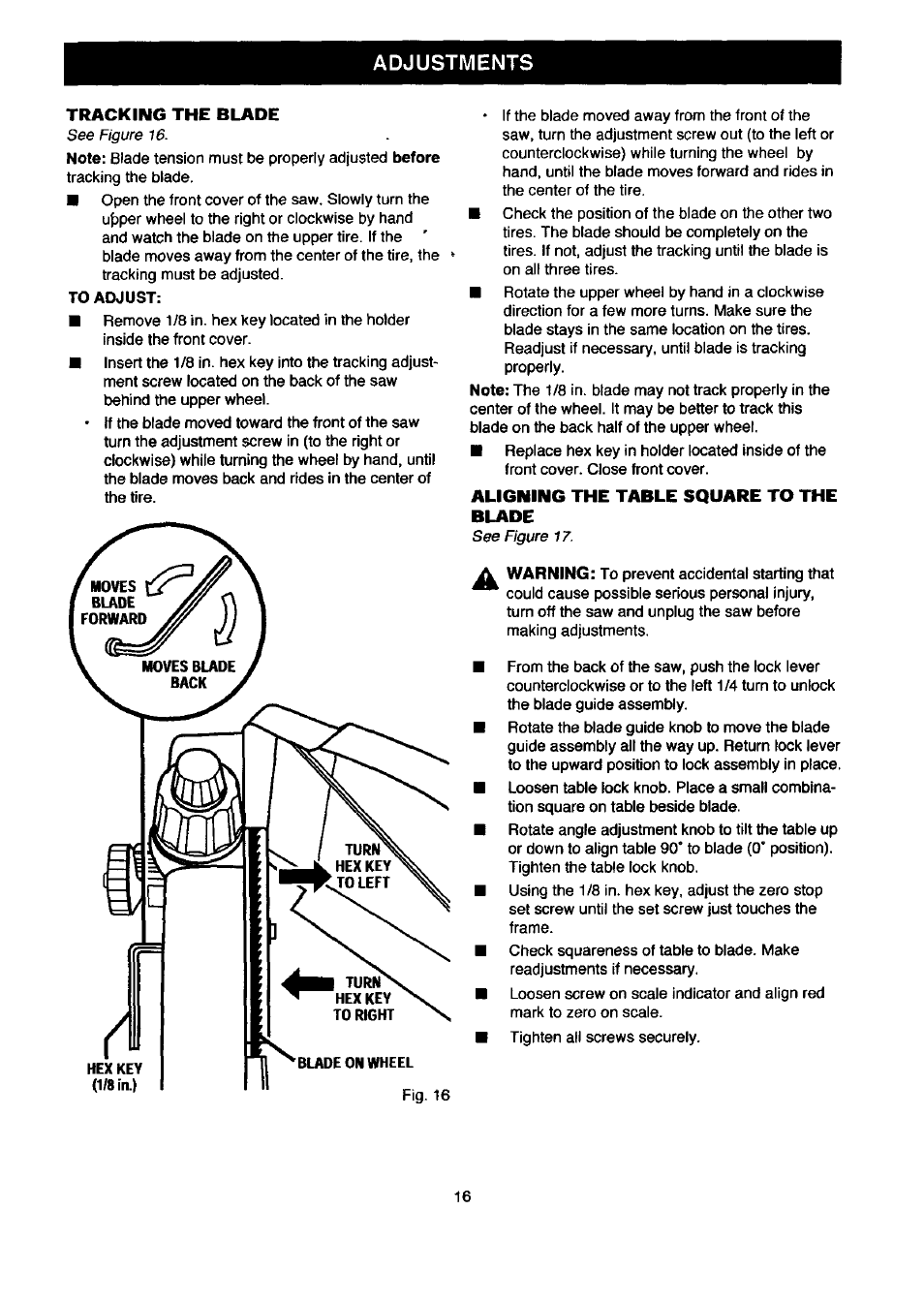 Tracking the blade, Aligning the table square to the, Blade | Adjustments, Aligning the table square to the blade | Craftsman 315.214500 User Manual | Page 16 / 34
