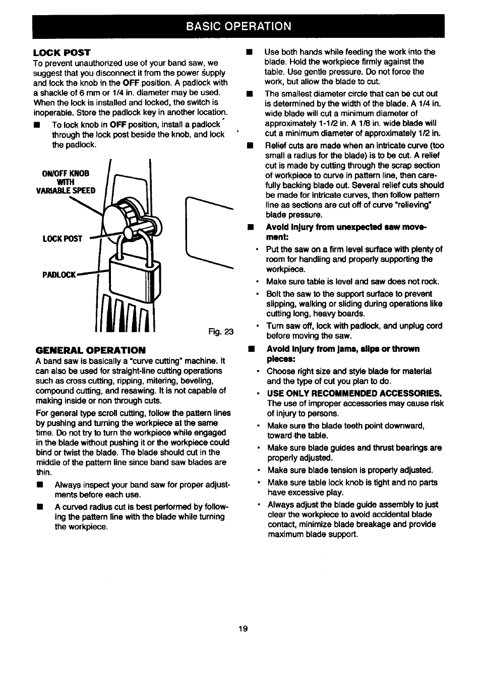 Lock post, General operation, Use only recommended accessories | Basic operation | Craftsman 315.214500 User Manual | Page 19 / 34