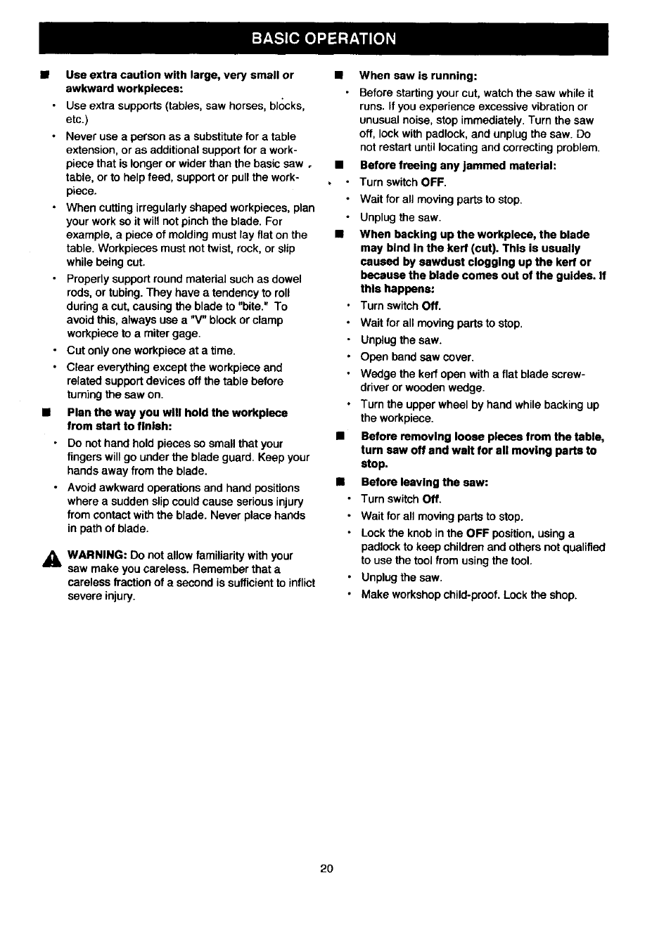 When saw is running, Basic operation | Craftsman 315.214500 User Manual | Page 20 / 34