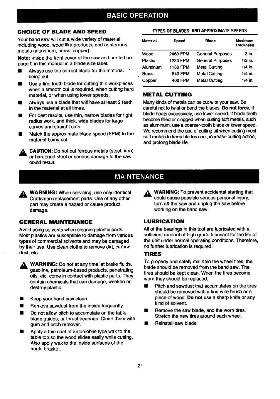 Choice of blade and speed, Metal cutting, Maintenance | General maintenance, Lubrication, Tires, Basic operation | Craftsman 315.214500 User Manual | Page 21 / 34