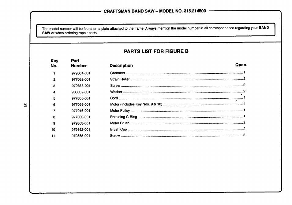 Key part no. number description quan | Craftsman 315.214500 User Manual | Page 29 / 34