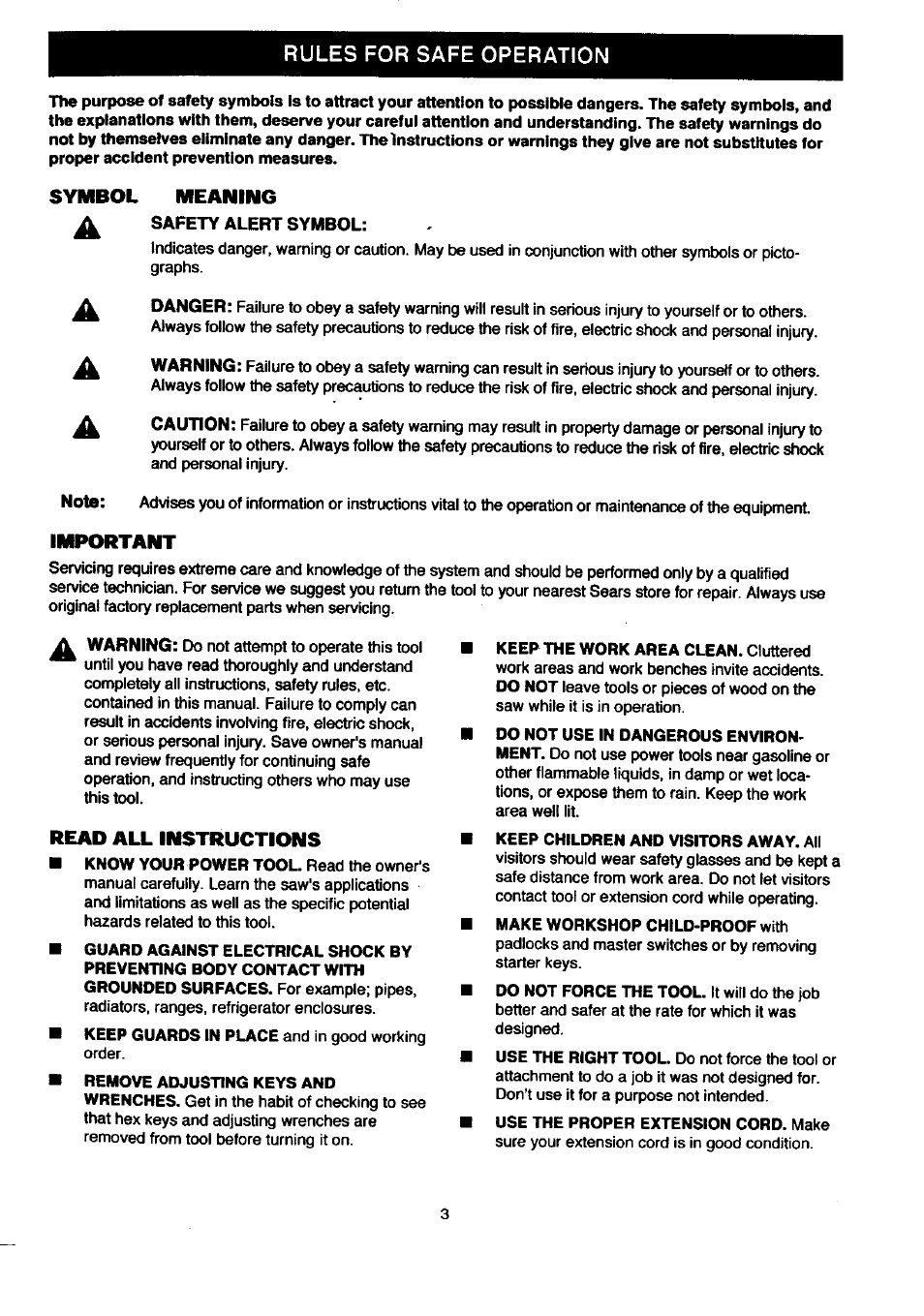 Rules for safe operation, Symbol meaning, Safety alert symbol | Important, Read all instructions, Rules for safe operation -5, Symbol meaning safety alert symbol, Danger, Warning, Caution | Craftsman 315.214500 User Manual | Page 3 / 34