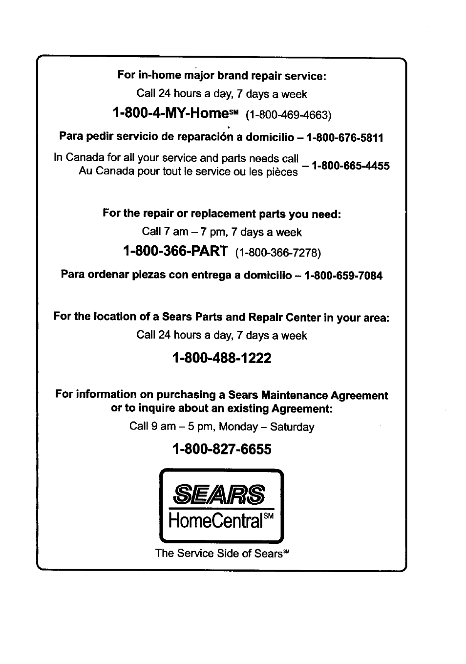 1 -800-4-my-home®“ (1-800-469-4663) | Craftsman 315.214500 User Manual | Page 34 / 34