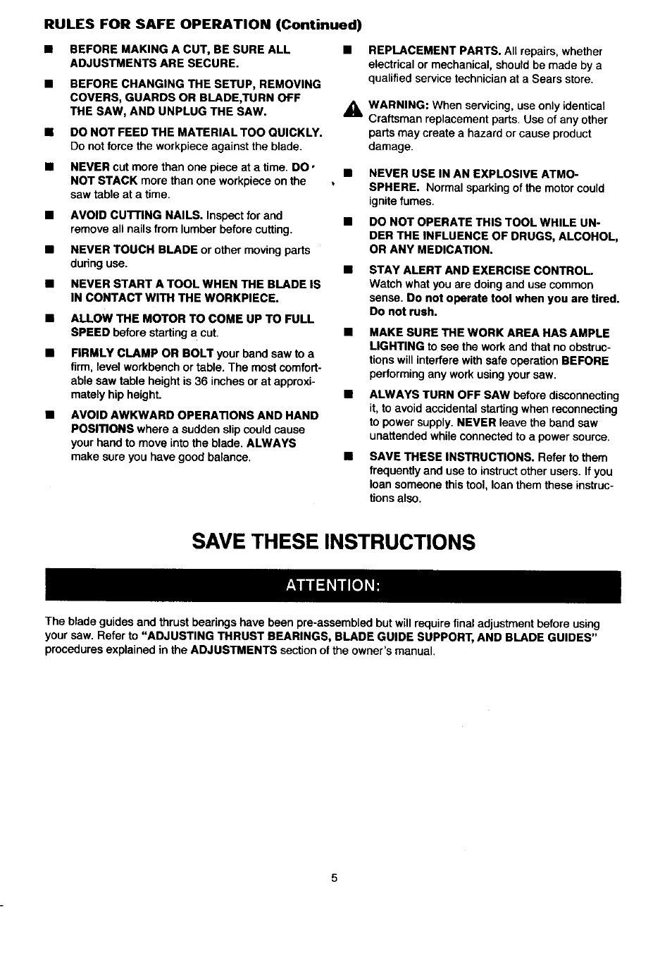 Save these instructions, Attention | Craftsman 315.214500 User Manual | Page 5 / 34