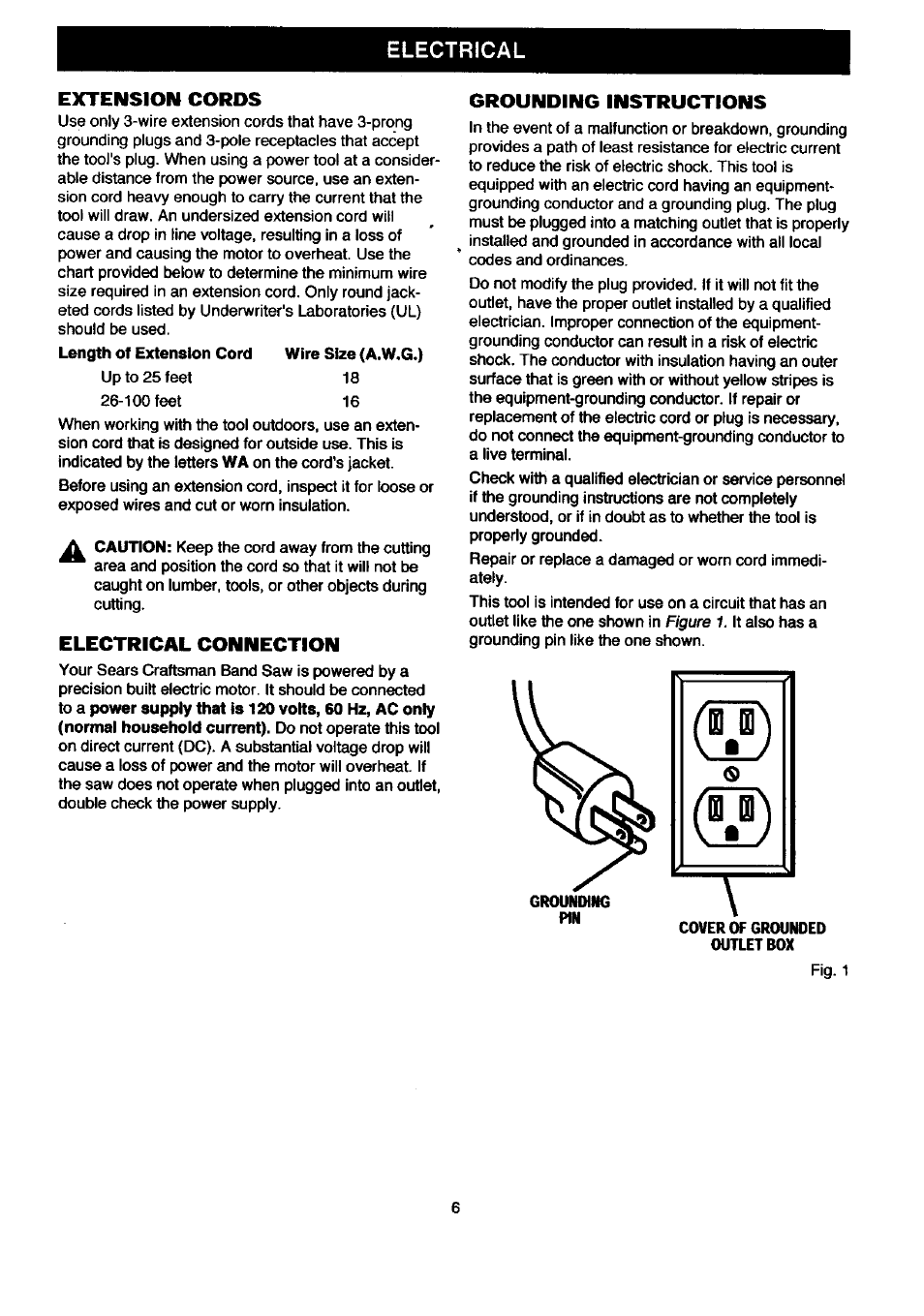 Electrical, Extension cords, Electrical connection | Grounding instructions, Electrical extension cords | Craftsman 315.214500 User Manual | Page 6 / 34