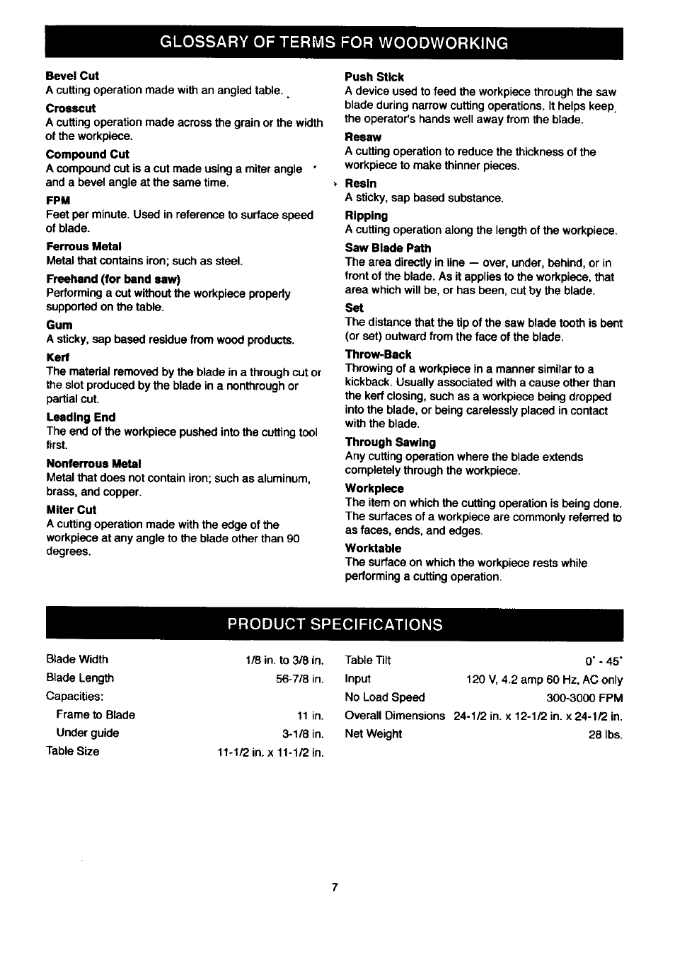 Glossary of terms for woodworking, Bevel cut, Nonferrous metal | Push stick, Product specifications | Craftsman 315.214500 User Manual | Page 7 / 34