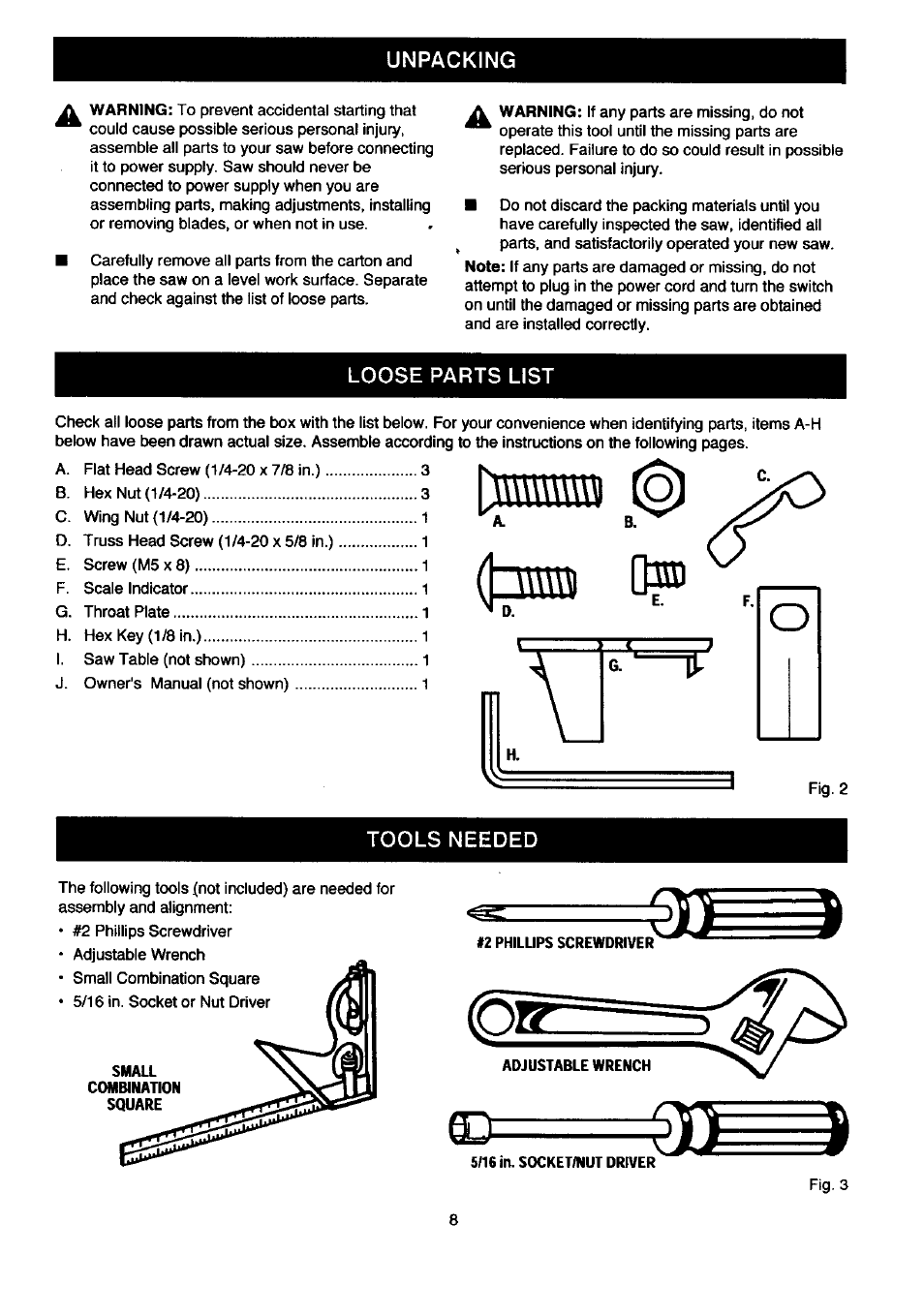 Unpacking, Loose parts list, Tools needed | Craftsman 315.214500 User Manual | Page 8 / 34