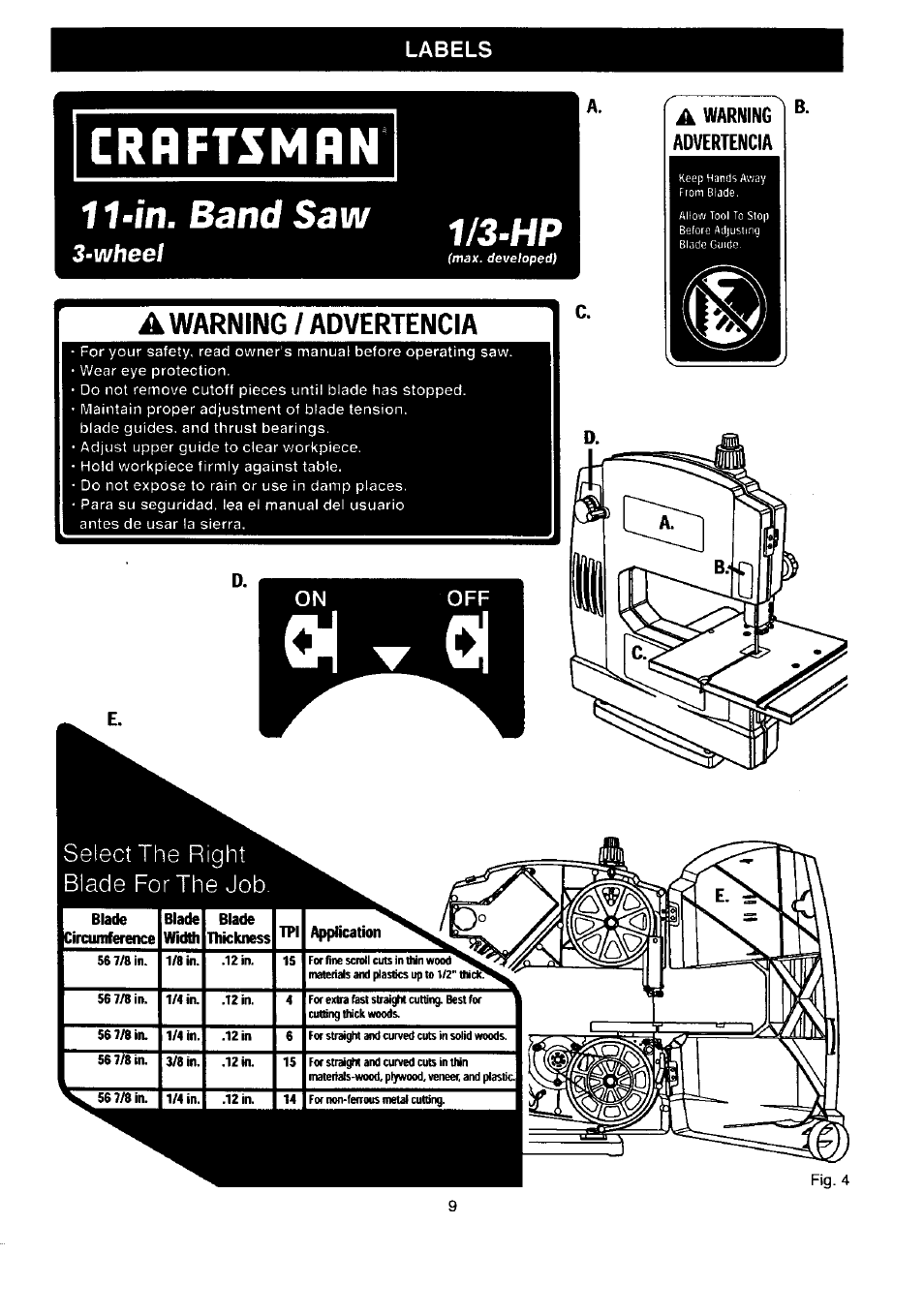 A warning / advertencia, Warning, Advertencia | Warning / advertencia, 3~wheel, Warning^ advertencia | Craftsman 315.214500 User Manual | Page 9 / 34