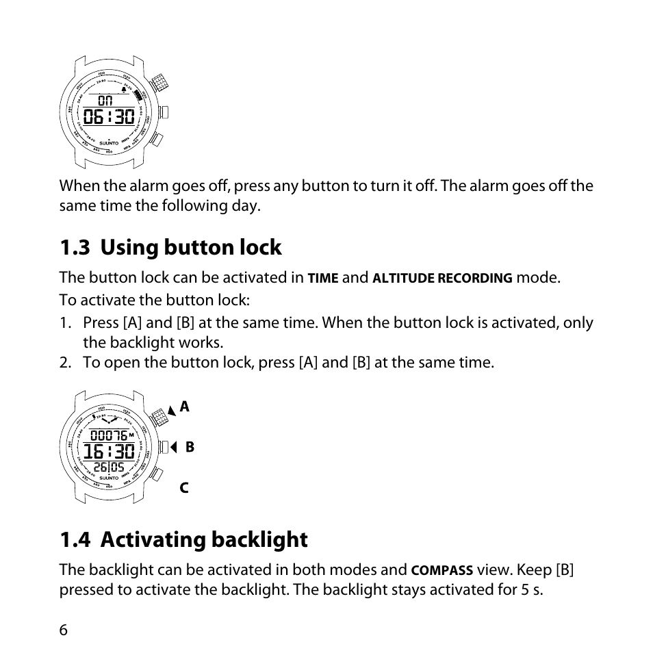 3 using button lock, 4 activating backlight, 6 1.4 activating backlight | SUUNTO Elementum Terra User Manual | Page 12 / 37