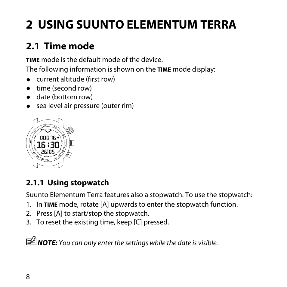 2 using suunto elementum terra, 1 time mode, 1 using stopwatch | SUUNTO Elementum Terra User Manual | Page 14 / 37