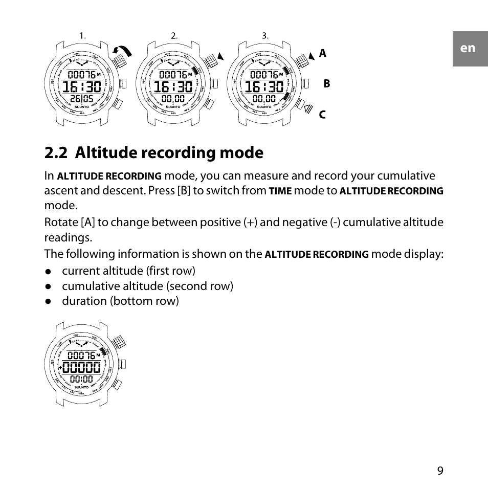 2 altitude recording mode | SUUNTO Elementum Terra User Manual | Page 15 / 37