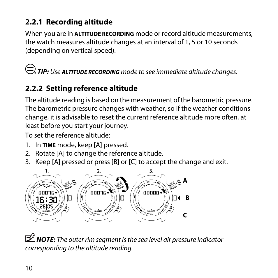 1 recording altitude, 2 setting reference altitude, 10 2.2.2 setting reference altitude | SUUNTO Elementum Terra User Manual | Page 16 / 37