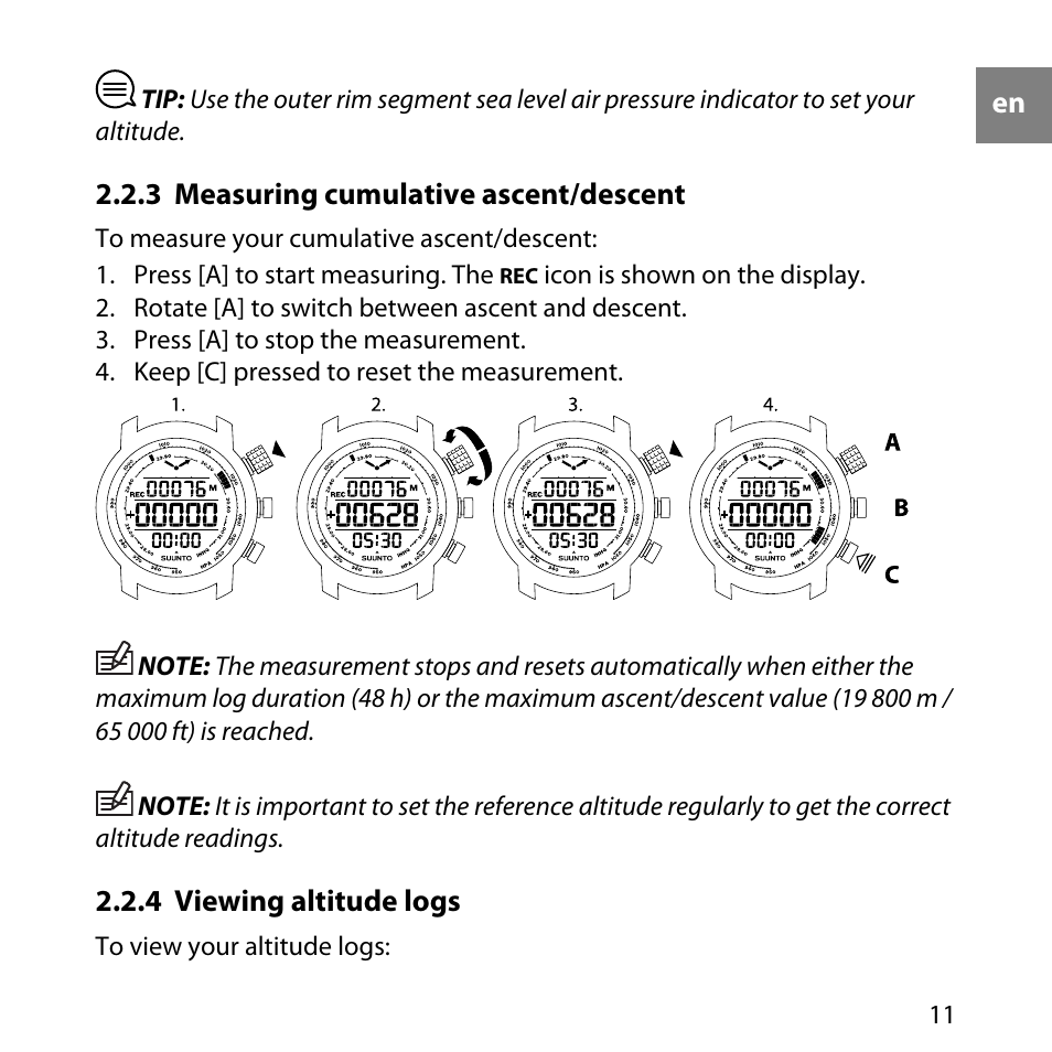 3 measuring cumulative ascent/descent, 4 viewing altitude logs, 11 2.2.4 viewing altitude logs | SUUNTO Elementum Terra User Manual | Page 17 / 37