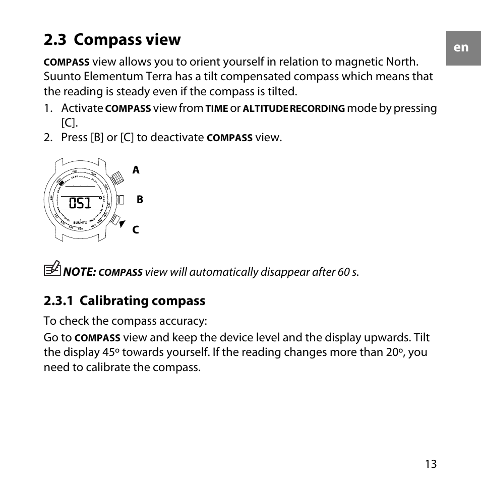 3 compass view, 1 calibrating compass | SUUNTO Elementum Terra User Manual | Page 19 / 37