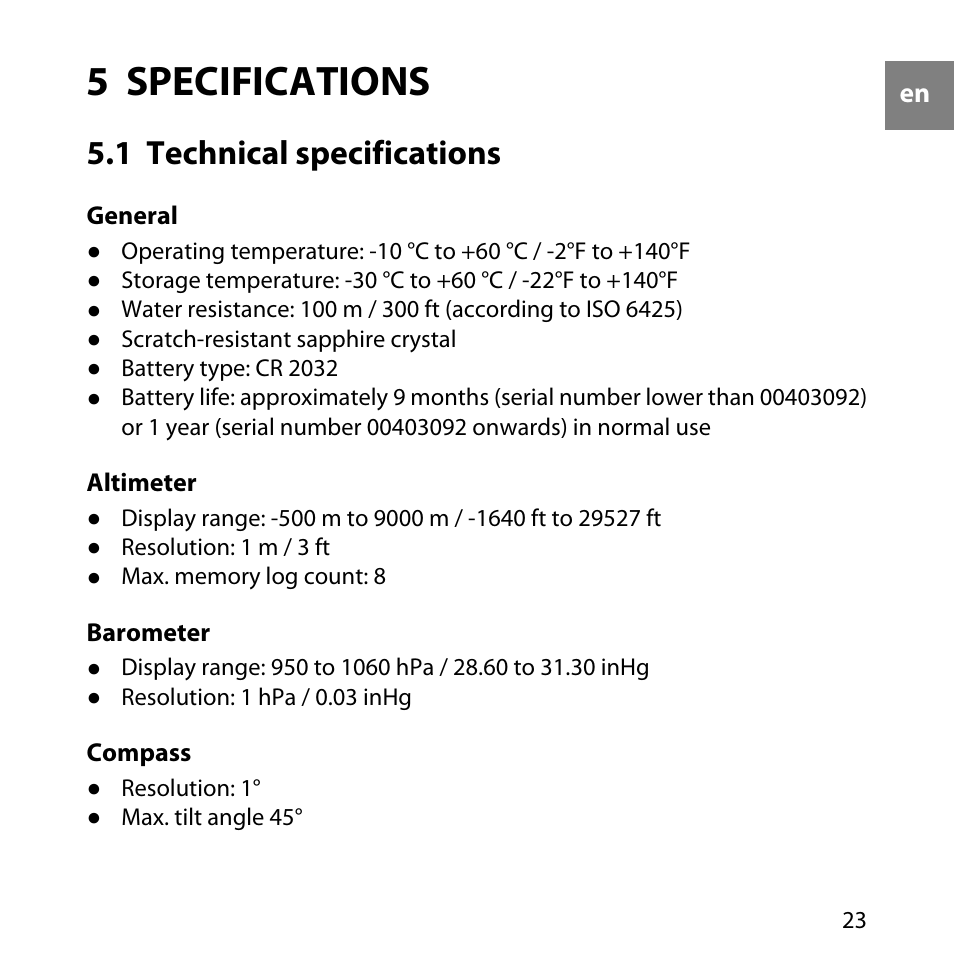 5 specifications, 1 technical specifications | SUUNTO Elementum Terra User Manual | Page 29 / 37