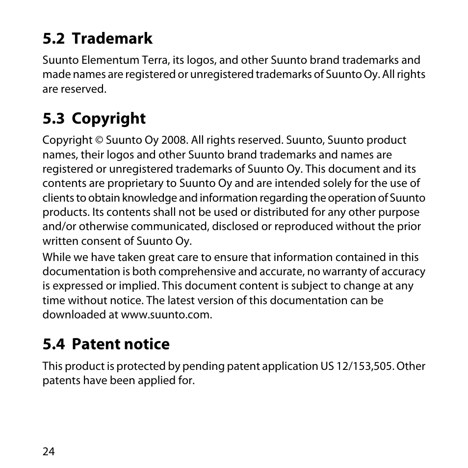 2 trademark, 3 copyright, 4 patent notice | 24 5.3 copyright, 24 5.4 patent notice | SUUNTO Elementum Terra User Manual | Page 30 / 37