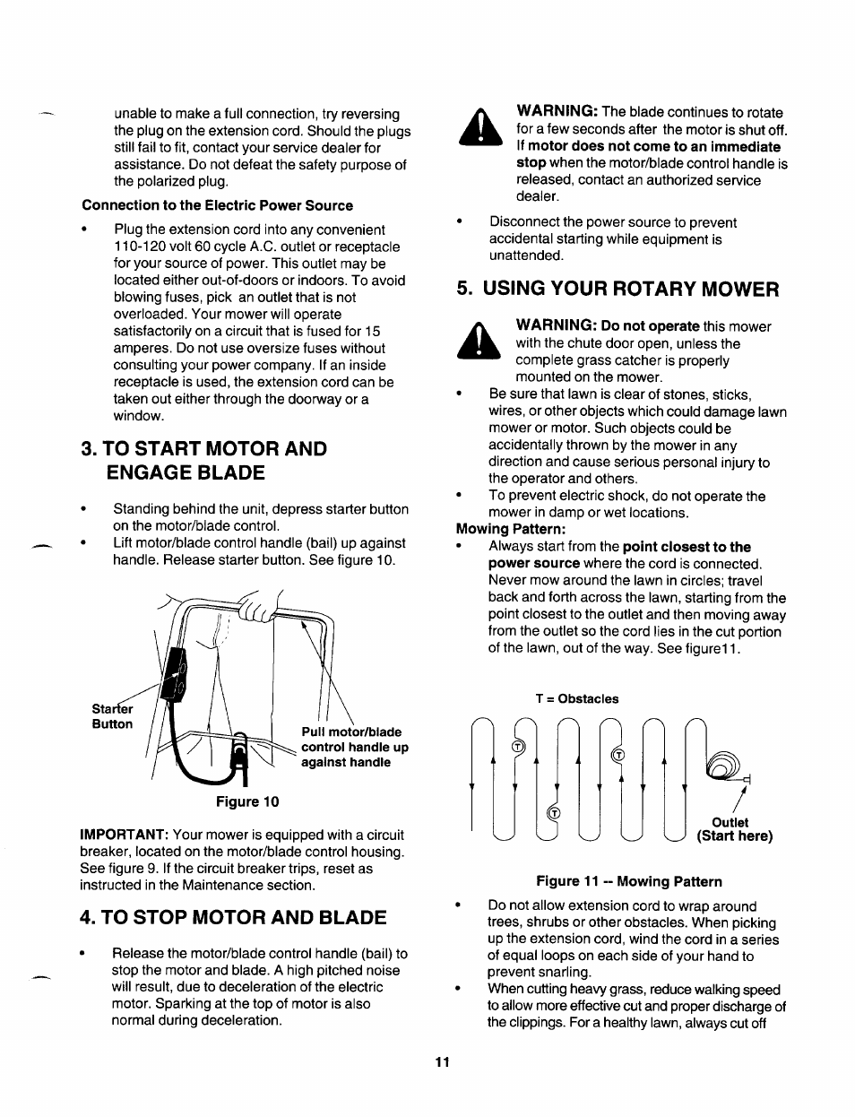 Connection to the electric power source, Figure 11 -- mowing pattern, Using your rotary mower | Craftsman 247.370253 User Manual | Page 11 / 40