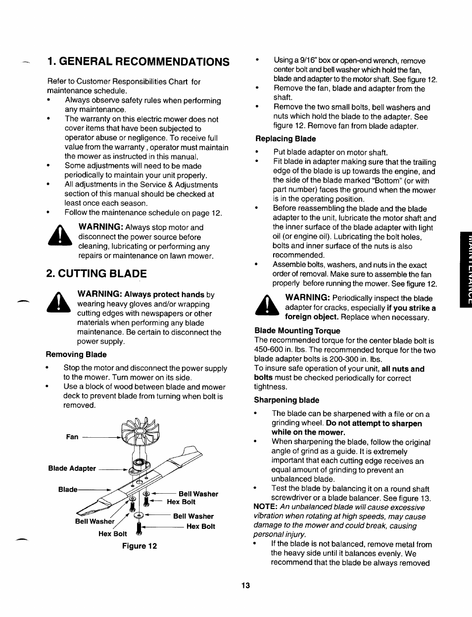 General recommendations, Cutting blade, Warning: always protect hands by | Craftsman 247.370253 User Manual | Page 13 / 40