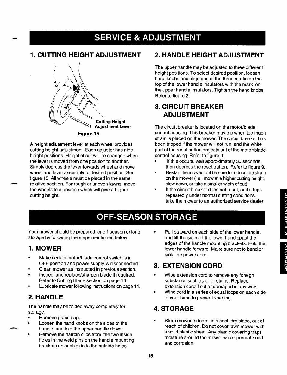 Circuit breaker adjustment, Mower, Handle | Extension cord, Storage, Service & adjustment, Off-season storage | Craftsman 247.370253 User Manual | Page 15 / 40