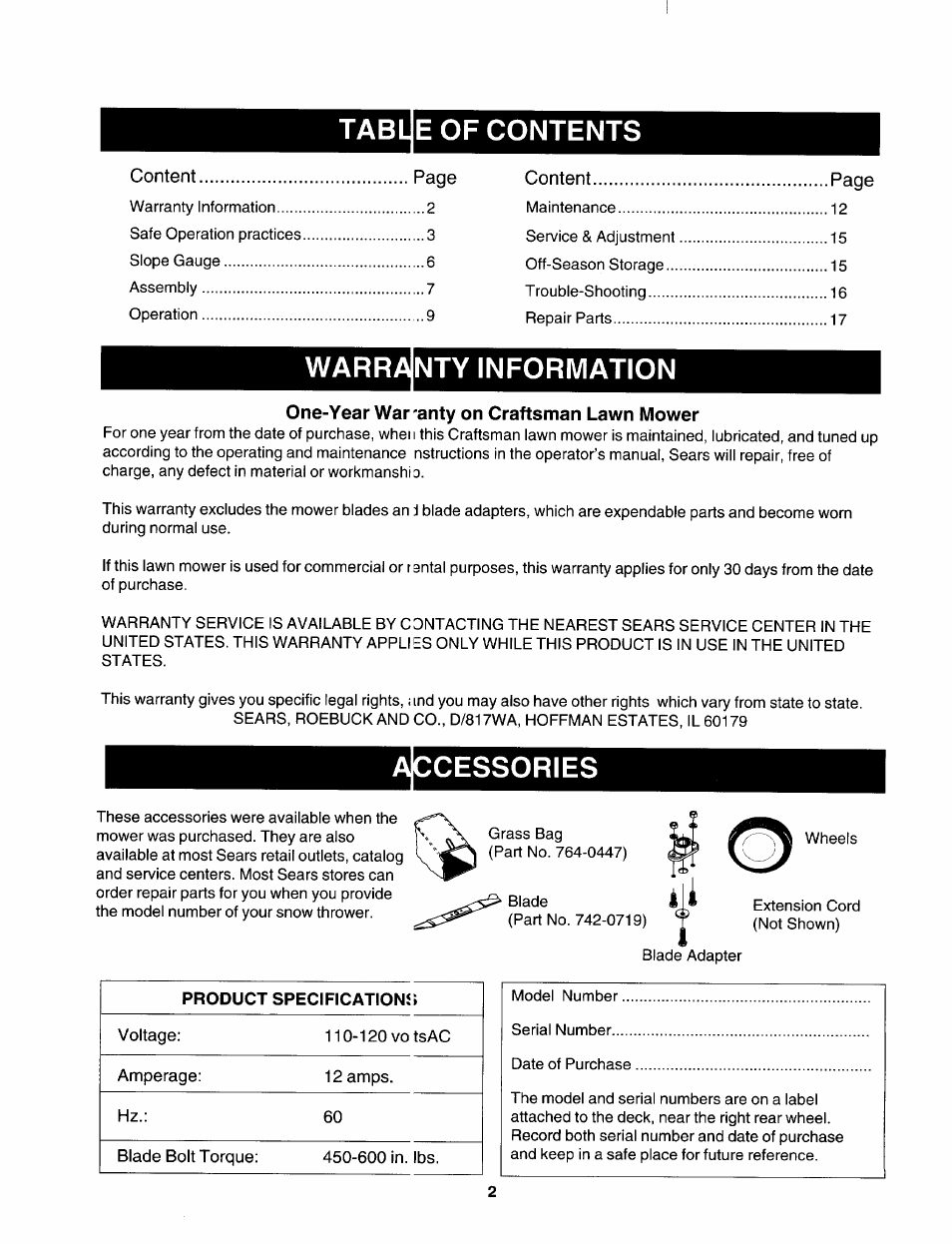 One-year war-anty on craftsman lawn mower, Tabue of contents, Warranty information | Cessories | Craftsman 247.370253 User Manual | Page 2 / 40