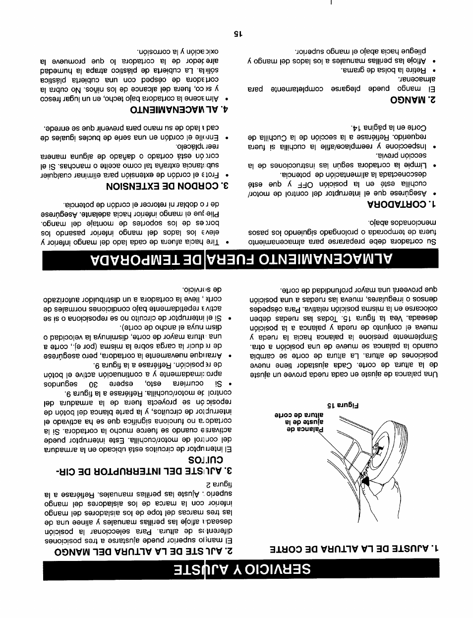 Ajuste de la altura de corte, Ajl ste de la altura del mango, Ajl ste del interruptor de circuitos | Cortadora, Cordon de extension, Mango, Alviacenamiento, Servicio y ajuiste, Almacenamiento fuera de temporada | Craftsman 247.370253 User Manual | Page 26 / 40