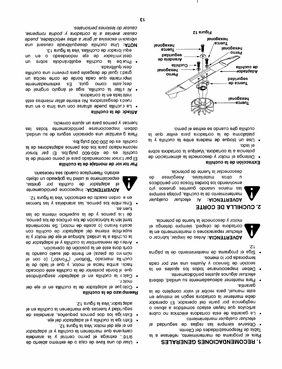 Recomendaciones generales, Cuchilla de corte, Extracción de la cuchilla | Reemplazo de la cuchilla, Par tor sor de montaje de la cuchilla, Afiladc de la cuchilla | Craftsman 247.370253 User Manual | Page 28 / 40