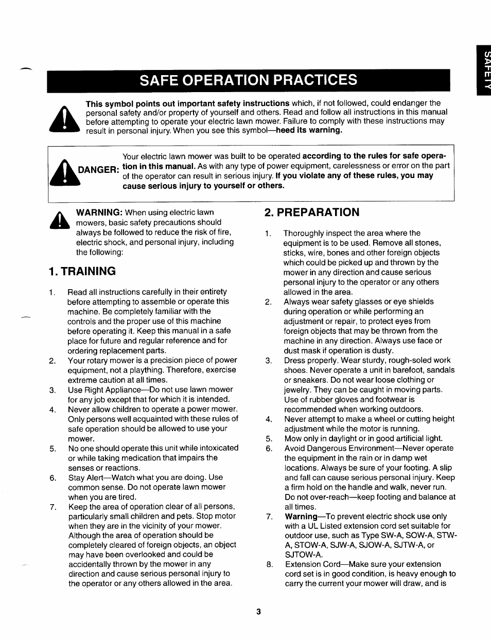 Danger, Training, Preparation | Safe operation practices | Craftsman 247.370253 User Manual | Page 3 / 40