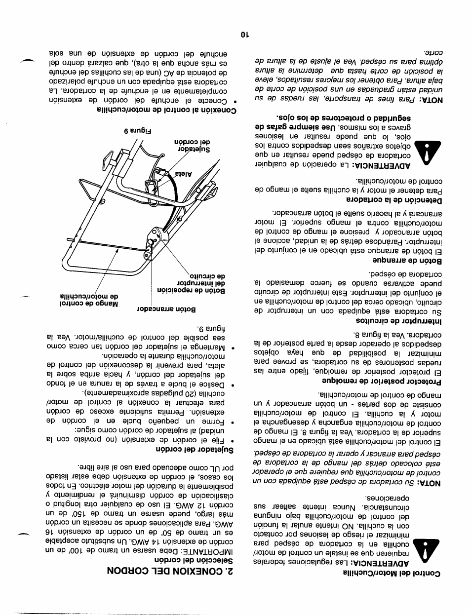 Control del motor/cuchilla, Detención de la cortadora, Conexion del cordon | Sujetador del cordón, Conexión al control de motor/cuchilla | Craftsman 247.370253 User Manual | Page 31 / 40