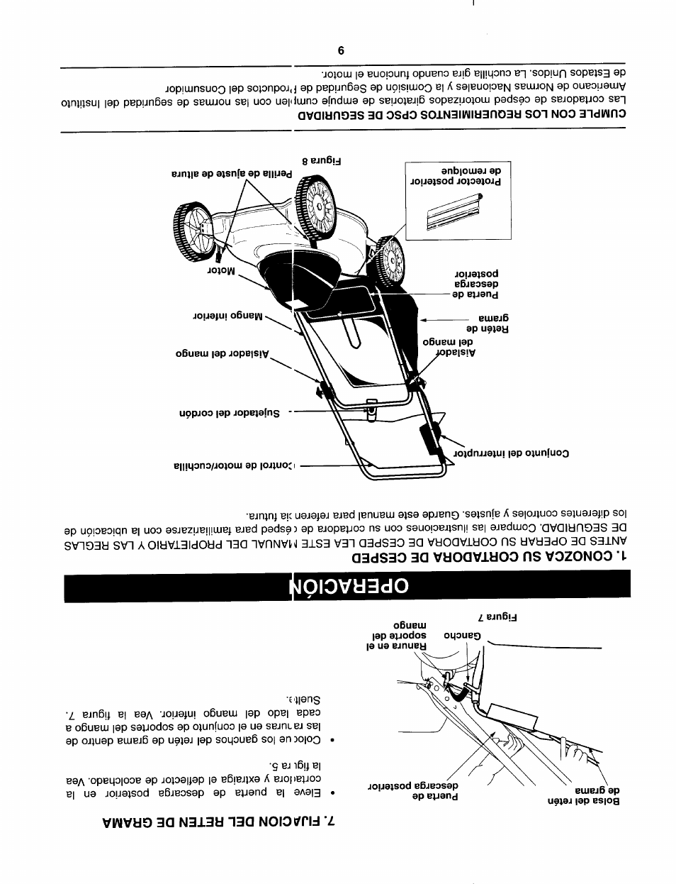 Fu;)cion del reten de grama, Conozca su cortadora de cesped, Aislad del mango | Cumple con los requerimientos cpsc de seguridad, Operacio | Craftsman 247.370253 User Manual | Page 32 / 40